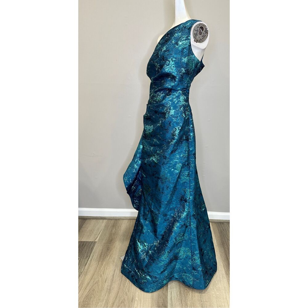 NWT Rickie Freeman Teri Jon Jacquard One Shoulder Side Ruffle Gown Size 14 $810 - Picture 5 of 9